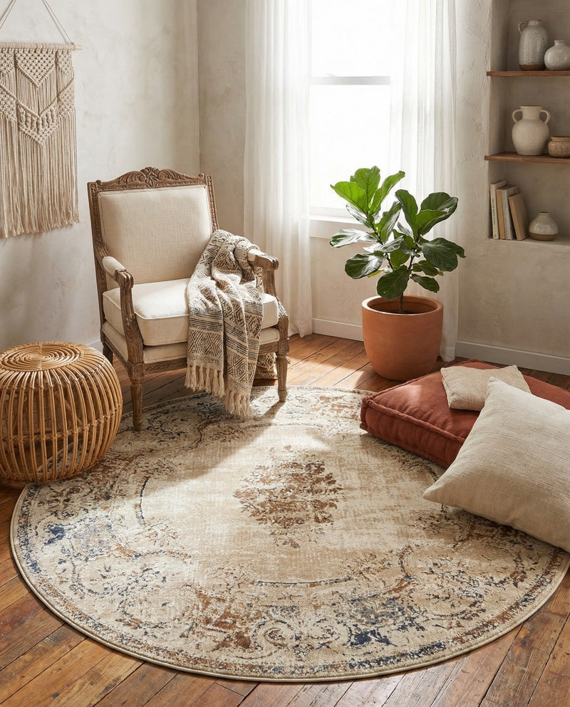 Coastal Manor Collection Area Rug -  Pierpoint Round Blue Cream  lifestyle 62
