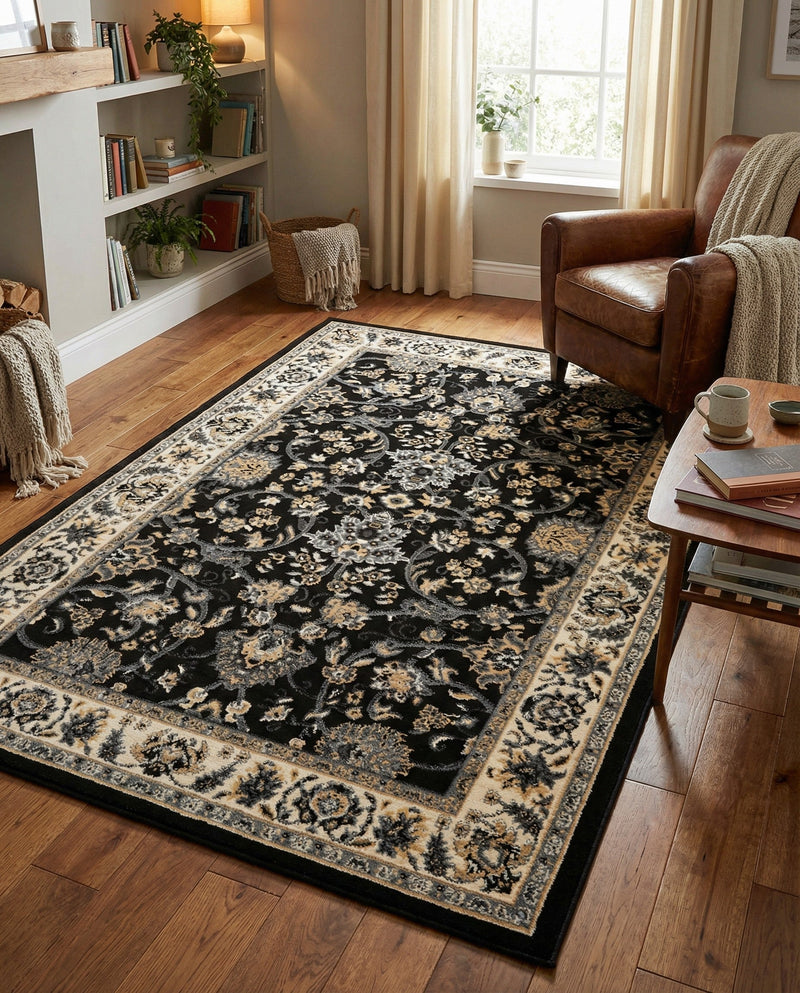 Isfahan Elegance Collection Area Rug - Naghsh-e Jahan (Black) Rectangle Black  lifestyle 39