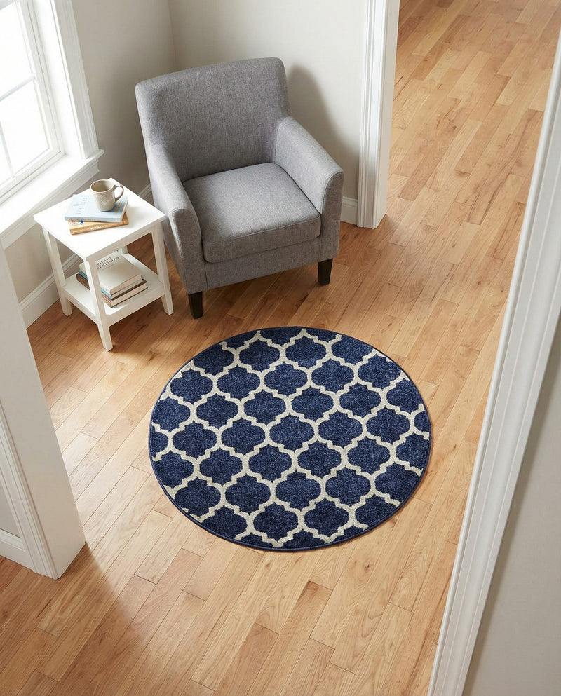 Lattice Gardens Collection Area Rug -  Bloomfield (Dark Blue) Round Dark Blue  lifestyle 69