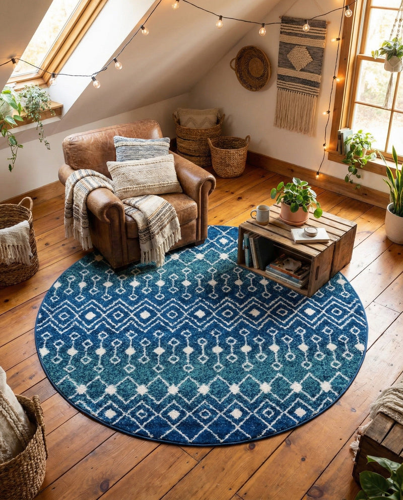 Mediterranean Lattice Collection Area Rug - Santorini (Navy and Teal) Round Navy and Teal  lifestyle 67