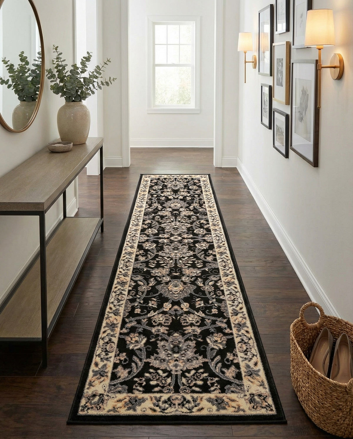 Isfahan Elegance Collection Area Rug - Naghsh-e Jahan (Black) Runner Black  lifestyle 116