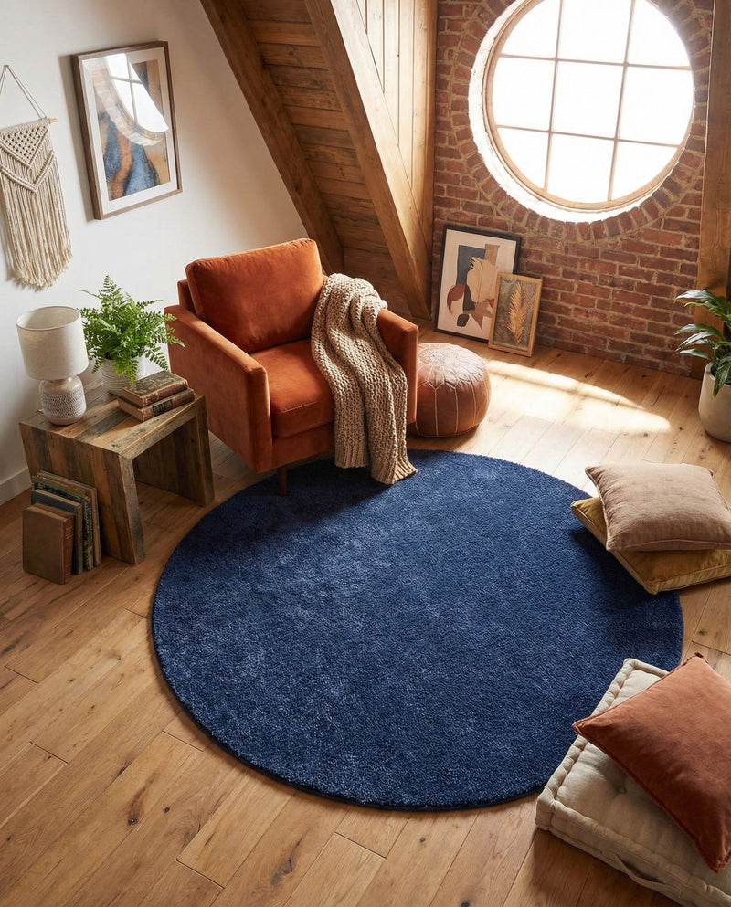 Solid Shag Seaside Collection Area Rug - Azure Cove (Navy Blue) Round Navy Blue  lifestyle 78