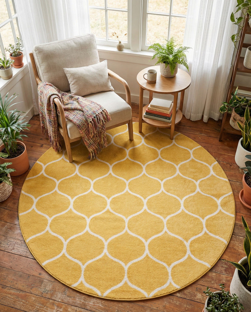 Trellis Mosaic Collection Area Rug -  Pergolatown (Yellow) Round Yellow  lifestyle 63