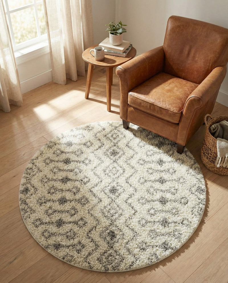 Berber Lattice Shag Collection Area Rug - Atlas (Ivory) Round Ivory  lifestyle 61