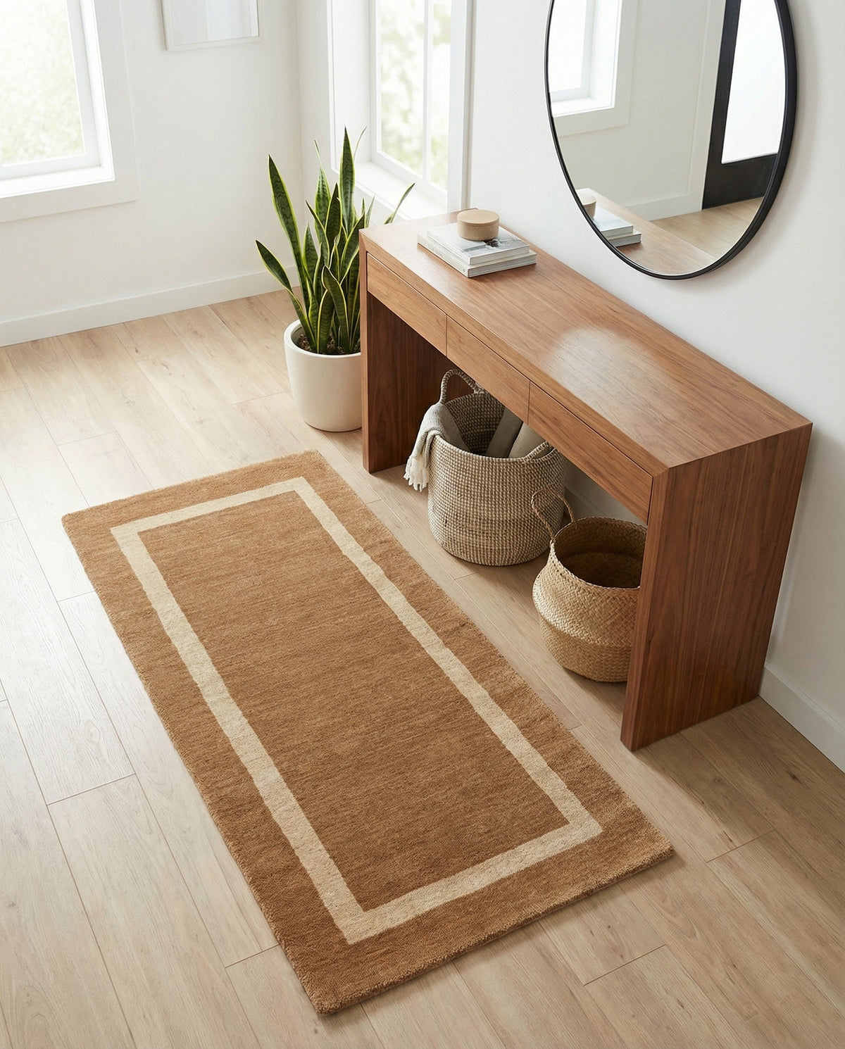 Savannah Borders Wool Collection Area Rug - Chatham Runner Latte Brown  lifestyle 198