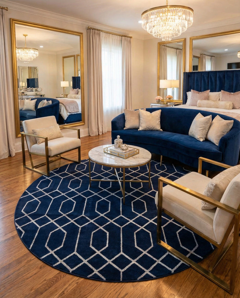 Hollywood Luxe Collection Area Rug - Sunset (Navy Blue Silver) Round Navy Blue Silver  lifestyle 48