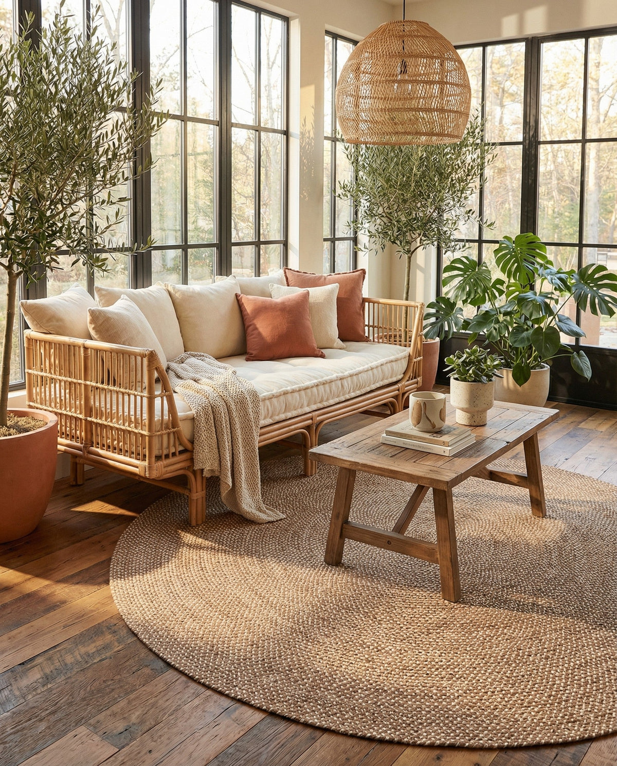 Highland Woven Jute Collection Area Rug - Glenmore (Light Brown) Round Light Brown  lifestyle 61