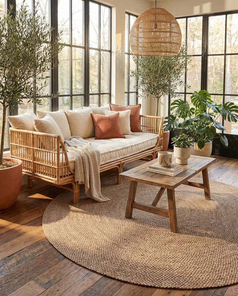 Highland Woven Jute Collection Area Rug - Glenmore (Light Brown) Round Light Brown  lifestyle 61