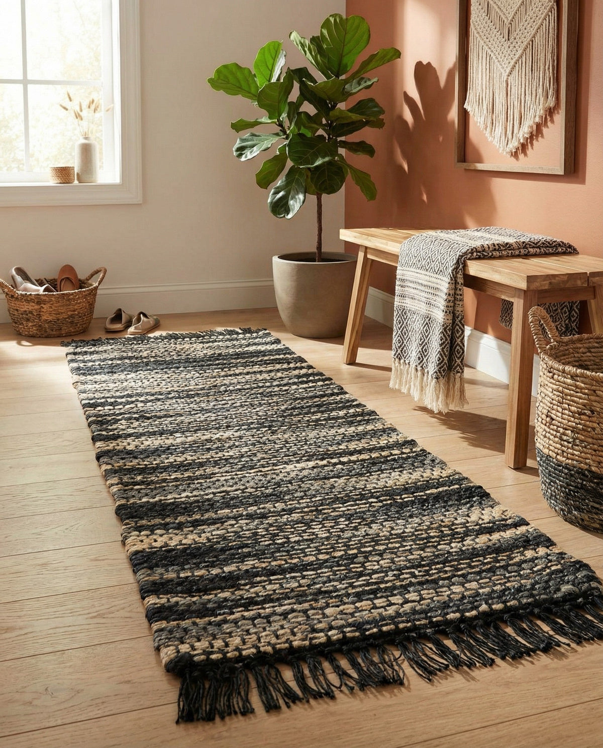 Savannah Jute Collection Area Rug - Nantucket Runner Navy Blue and Ivory  lifestyle 89