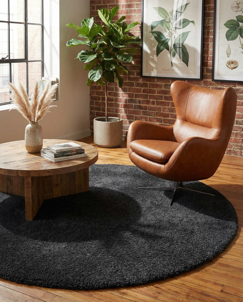 Solid Shag Seaside Collection Area Rug - Azure Cove (Charcoal) Round Charcoal  lifestyle 40