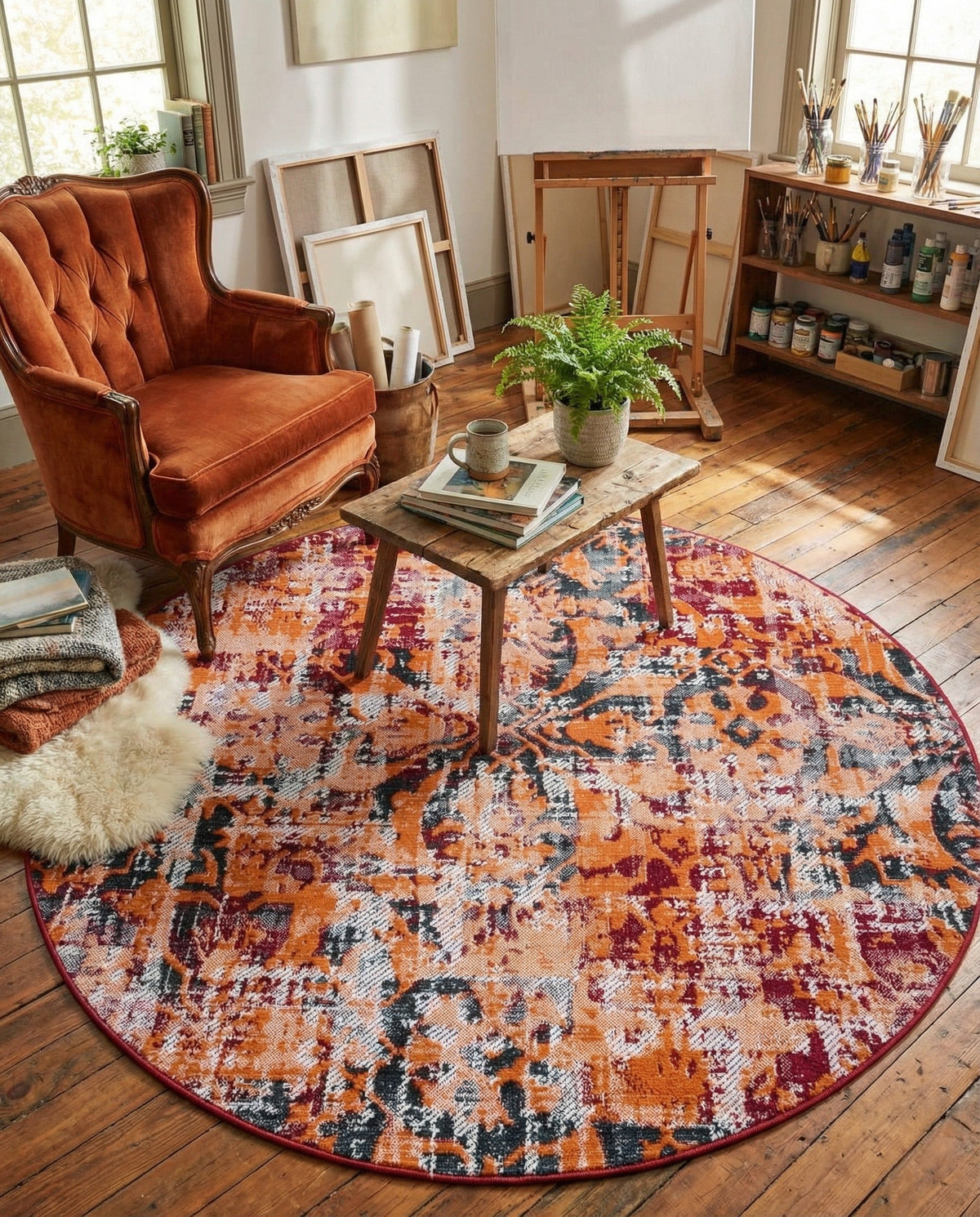 Geneva Terrace Collection Area Rug -  Morges Round Rust Red  lifestyle 80