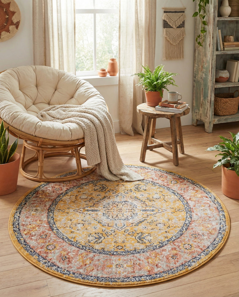 Seville Stripes Collection Area Rug - Cadiz (Yellow) Round Yellow  lifestyle 73