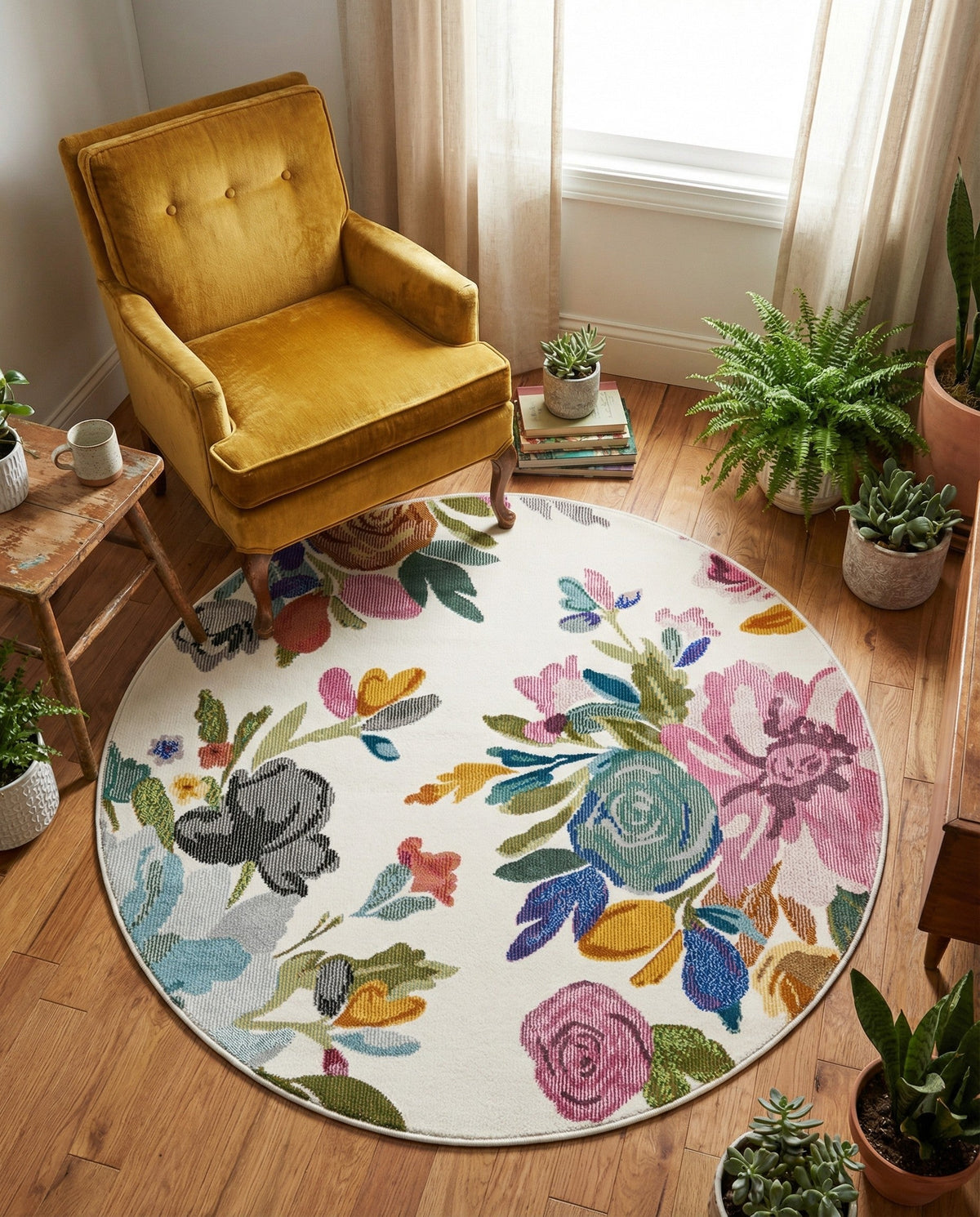 Meadow Breeze Collection Area Rug - Wildflower Round Ivory  lifestyle 164