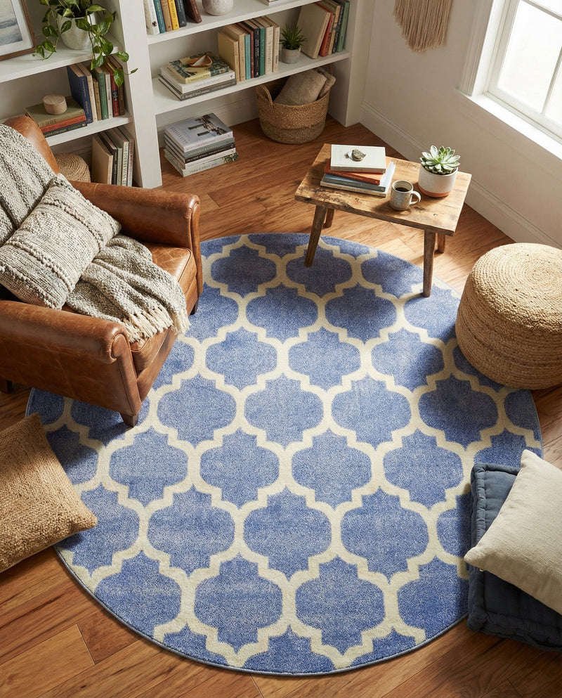 Lattice Gardens Collection Area Rug -  Bloomfield (Light Blue) Round Light Blue  lifestyle 53