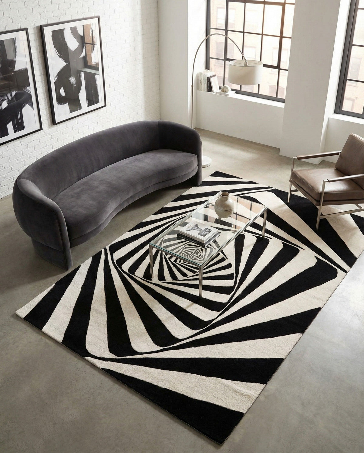Cyclone Wool Collection Area Rug -  Twister Rectangle Black and White  lifestyle 17