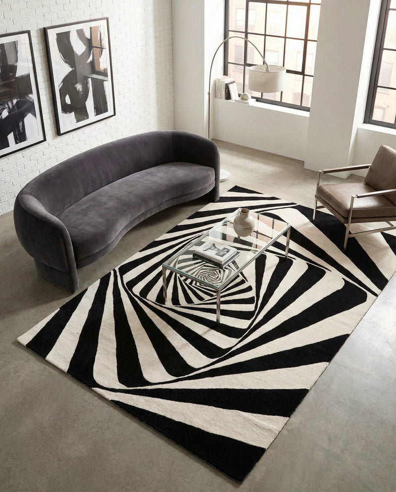 Cyclone Wool Collection Area Rug -  Twister Rectangle Black and White  lifestyle 17