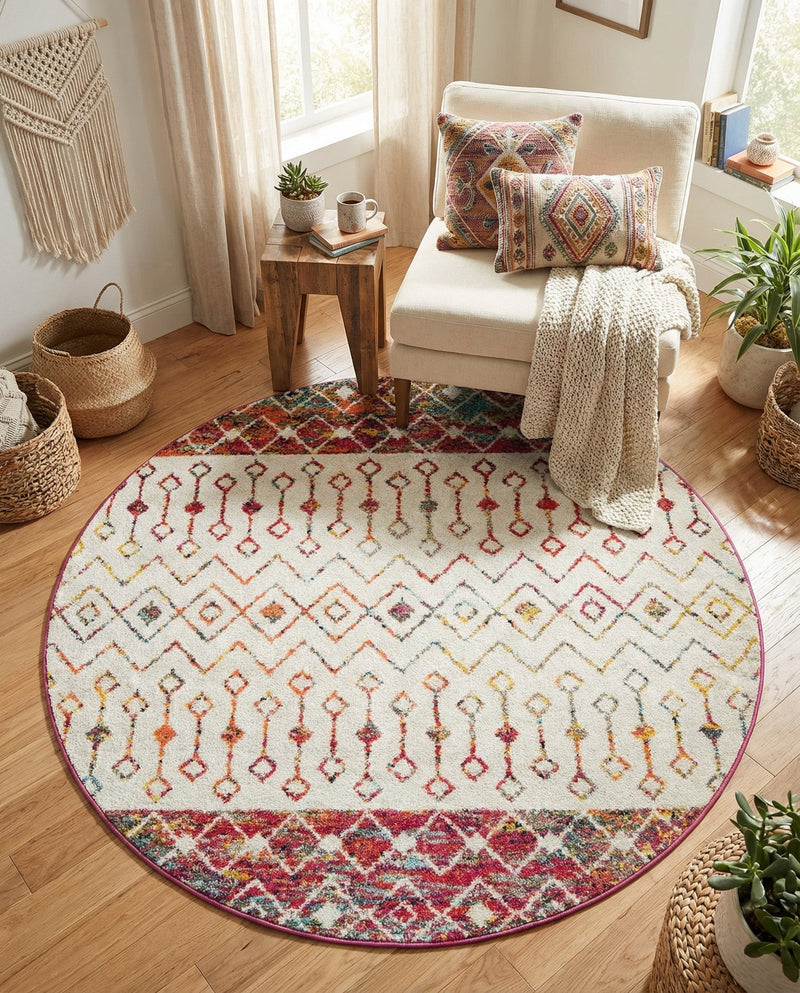 Mediterranean Lattice Collection Area Rug -  Casablanca (Ivory Multi) Round Ivory Multi  lifestyle 50