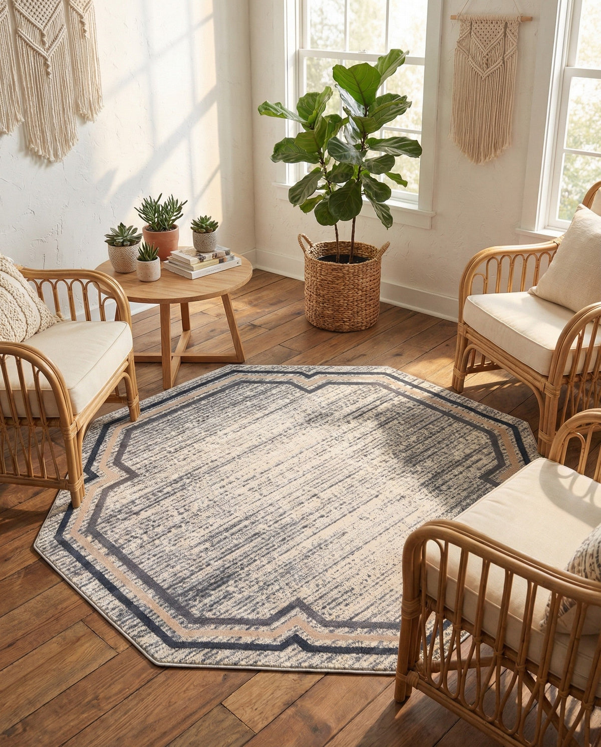Serenity Sands Collection Area Rug -  Hushhaven Octagon Gray  lifestyle 90