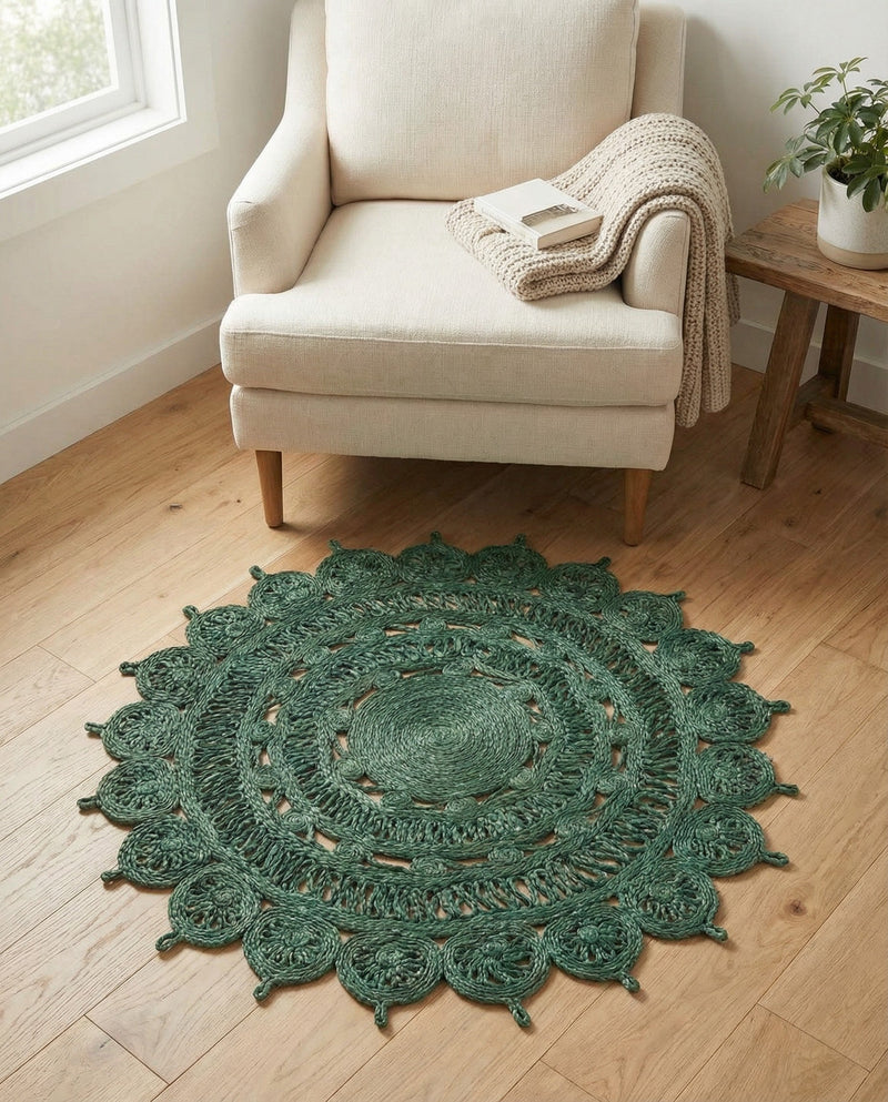 Woven Seaside Jute Collection Area Rug - Coastalhaven (Hunter Green) Round Hunter Green  lifestyle 22