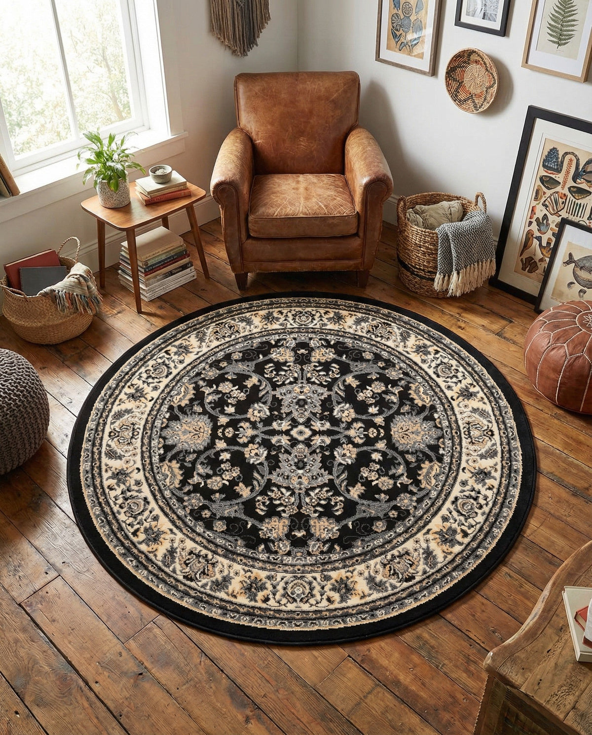 Isfahan Elegance Collection Area Rug - Naghsh-e Jahan (Black) Round Black  lifestyle 87