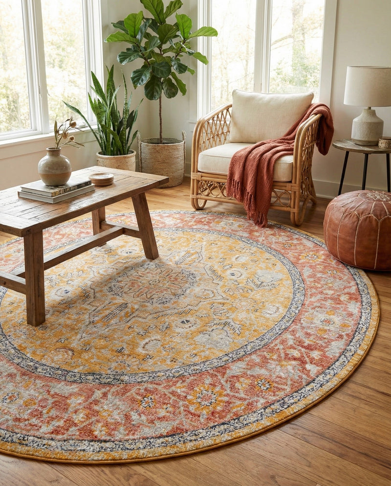 Seville Stripes Collection Area Rug - Cadiz (Yellow) Round Yellow  lifestyle 76