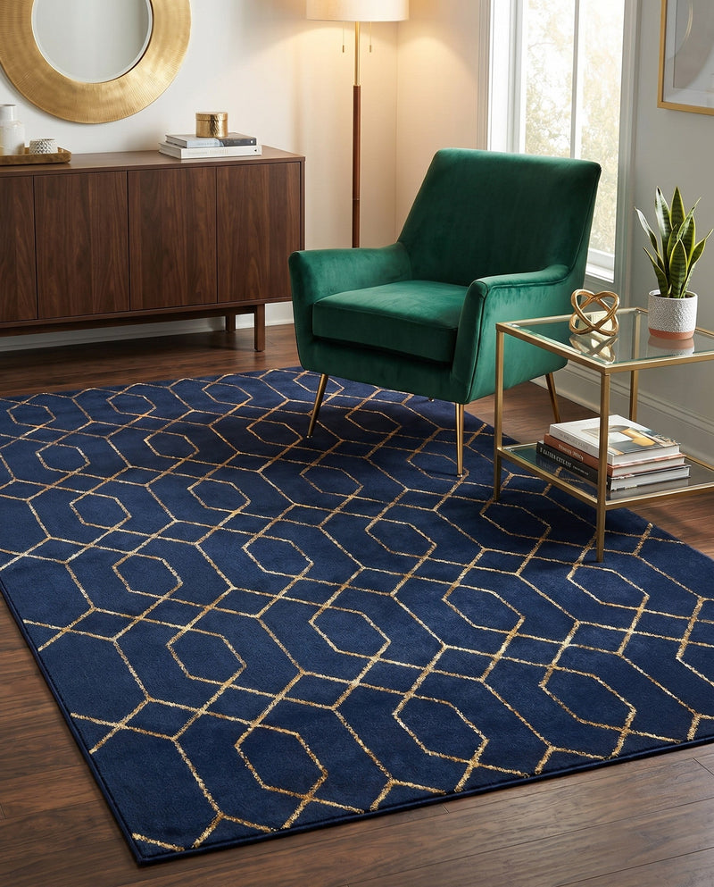 Hollywood Luxe Collection Area Rug - Sunset (Navy Blue Gold) Rectangle Navy Blue Gold  lifestyle 6