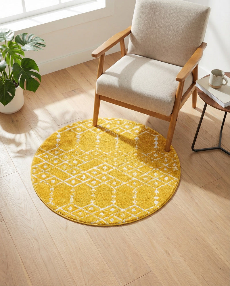Marrakesh Lattice Collection Area Rug - Casablanca (Yellow) Round Yellow  lifestyle 78