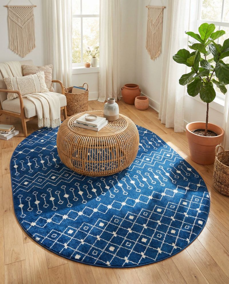 Mediterranean Lattice Collection Area Rug - Santorini (Navy Blue) Oval Navy Blue  lifestyle 59