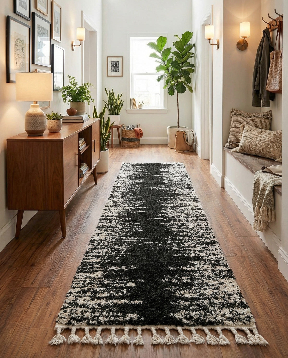 Tranquil Tides Shag Collection Area Rug - Marina Runner Black and White  lifestyle 185