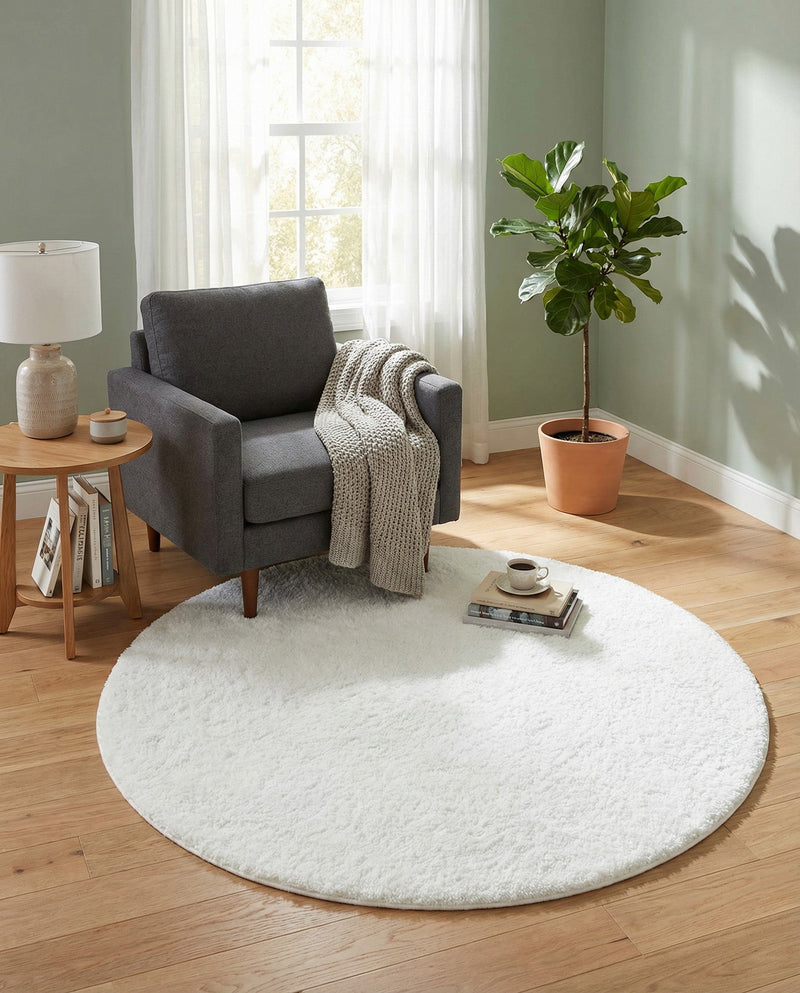 Solid Shag Seaside Collection Area Rug - Azure Cove (Snow White) Round Snow White  lifestyle 61