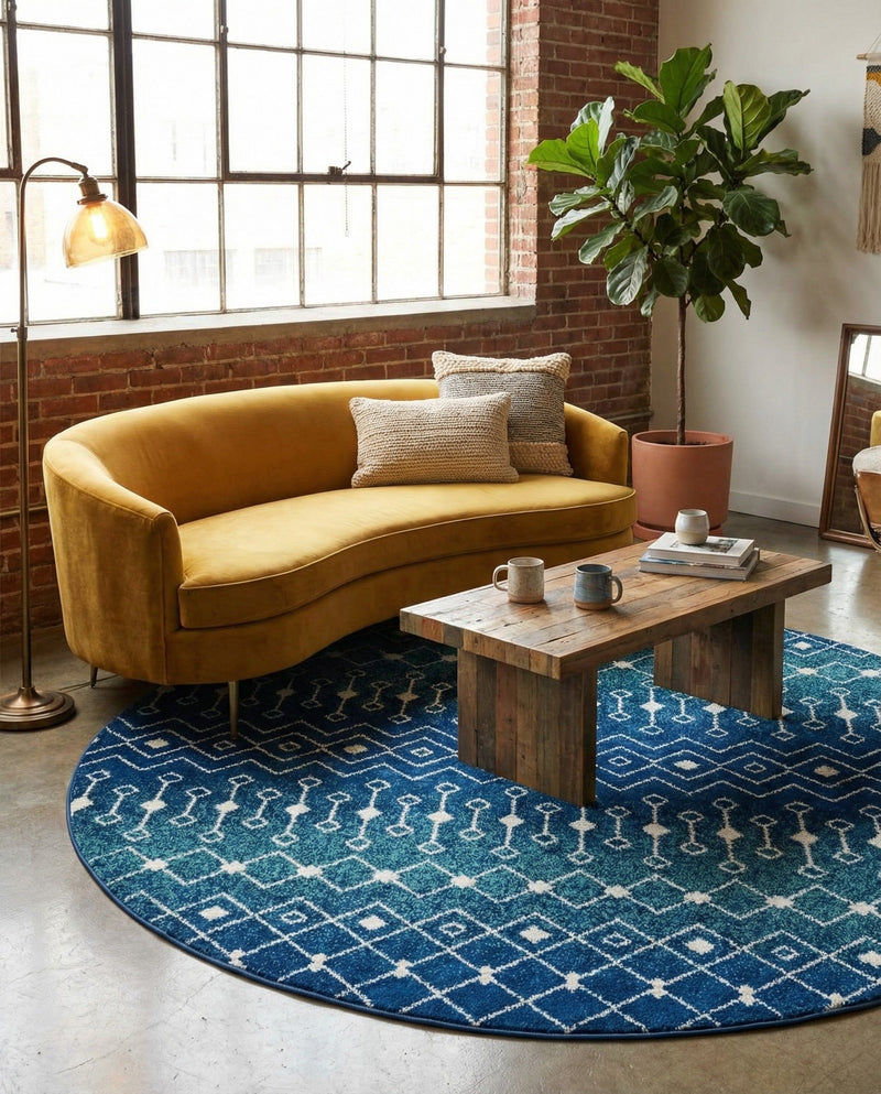 Mediterranean Lattice Collection Area Rug - Santorini (Navy and Teal) Round Navy and Teal  lifestyle 61