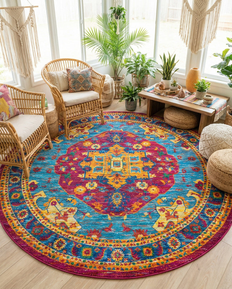Caribbean Cove Collection Area Rug -  Canouan Round Pink Blue  lifestyle 27