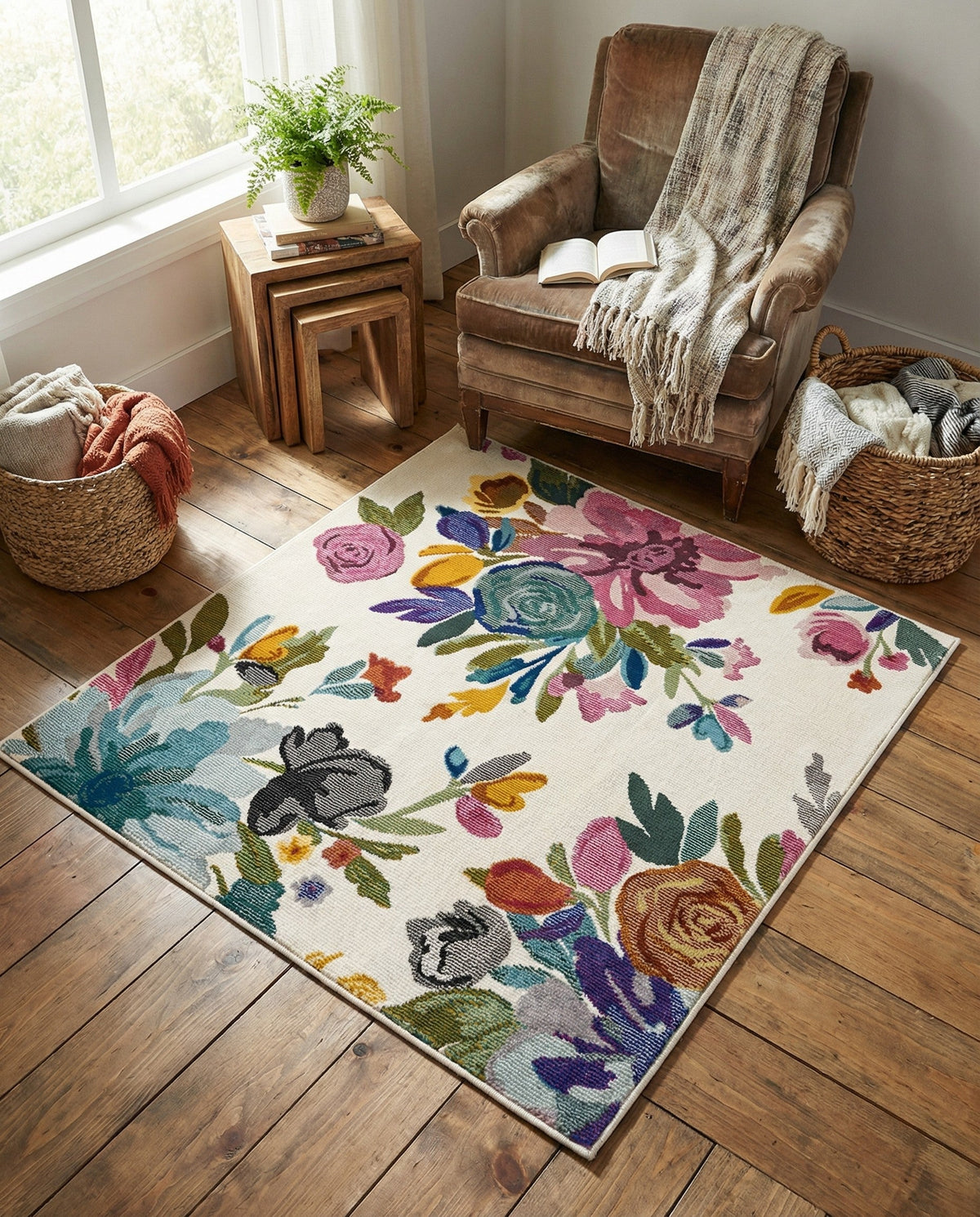 Meadow Breeze Collection Area Rug - Wildflower Square Ivory  lifestyle 186