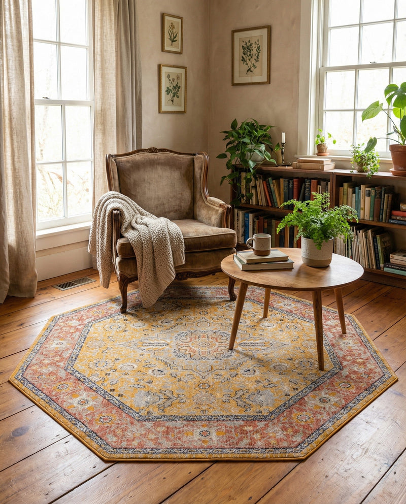 Seville Stripes Collection Area Rug - Cadiz (Yellow) Octagon Yellow  lifestyle 64
