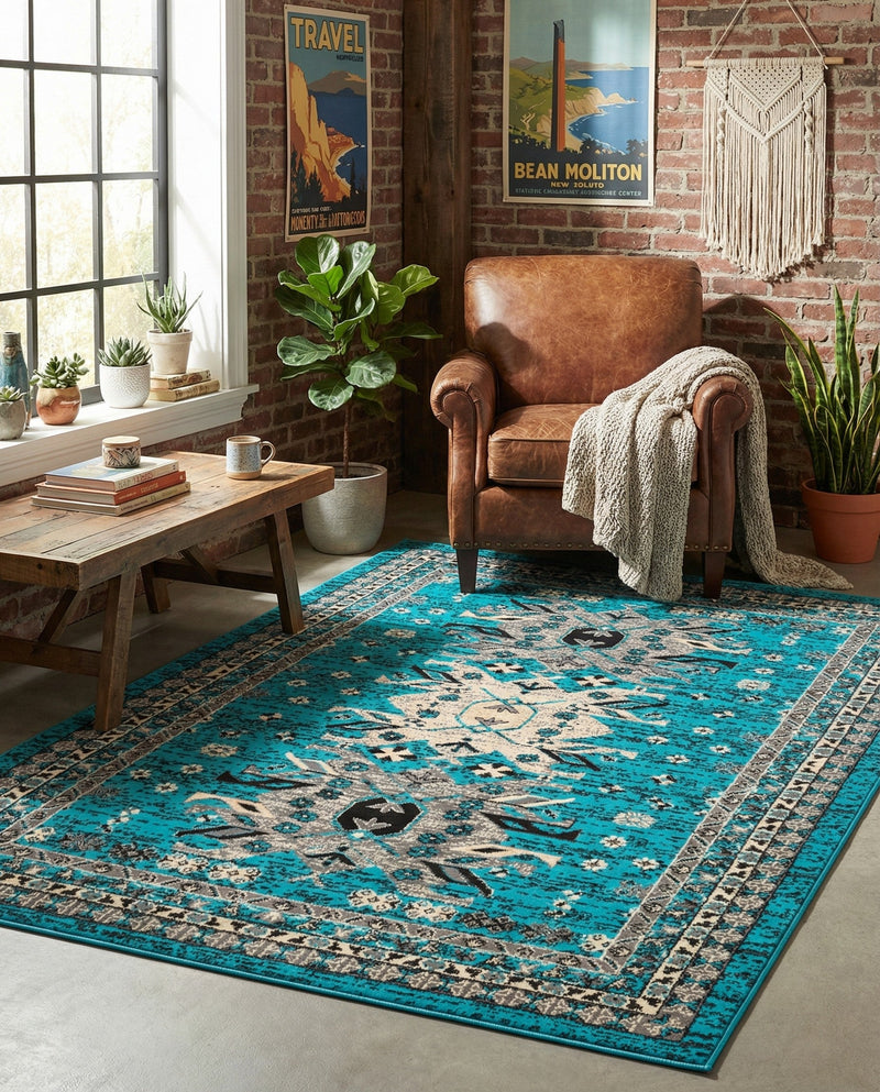 Tabriz Tapestries Collection Area Rug - Azerbaijan (Turquoise) Rectangle Turquoise  lifestyle 9
