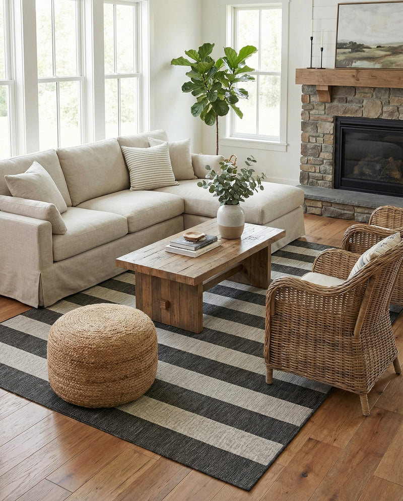 Seaside Stripes Collection Area Rug -  Veranda Rectangle Charcoal Gray  lifestyle 15