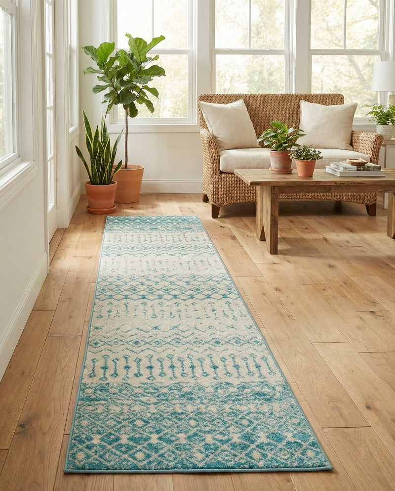 Mediterranean Lattice Collection Area Rug -  Casablanca (Ivory Blue) Runner Ivory Blue  lifestyle 61