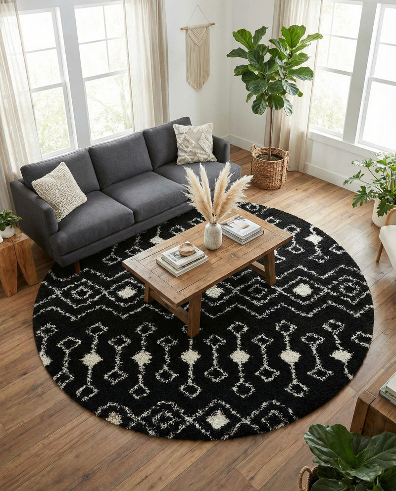 Berber Lattice Shag Collection Area Rug - Atlas (Black and White) Round Black and White  lifestyle 42