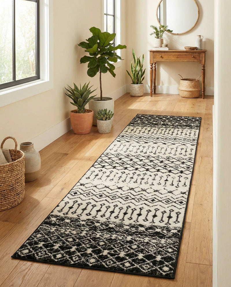 Mediterranean Lattice Collection Area Rug -  Casablanca (Black and White) Runner Black and White  lifestyle 63