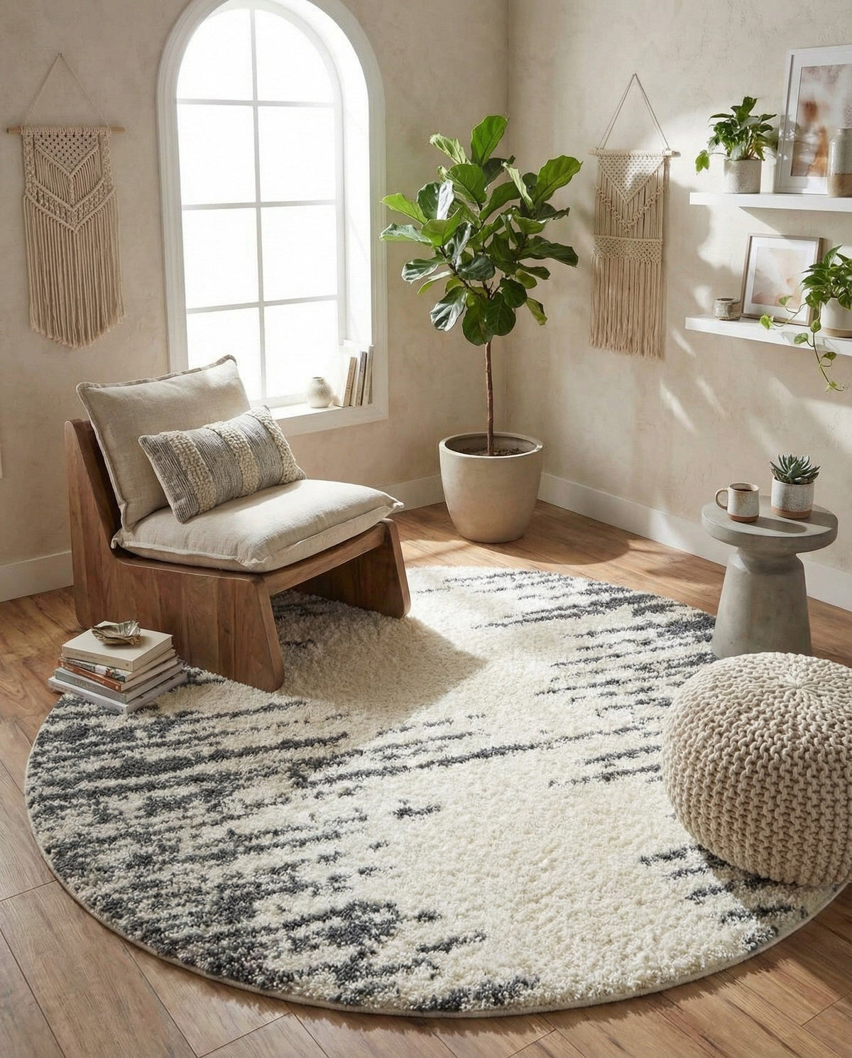 Tranquil Tides Shag Collection Area Rug - Marina Round White  lifestyle 201