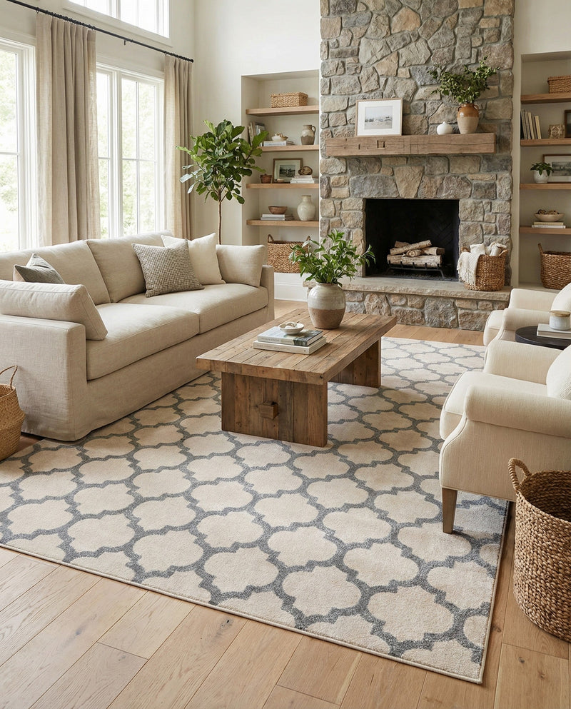 Lattice Gardens Collection Area Rug -  Bloomfield (Beige and Gray) Rectangle Beige and Gray  lifestyle 12