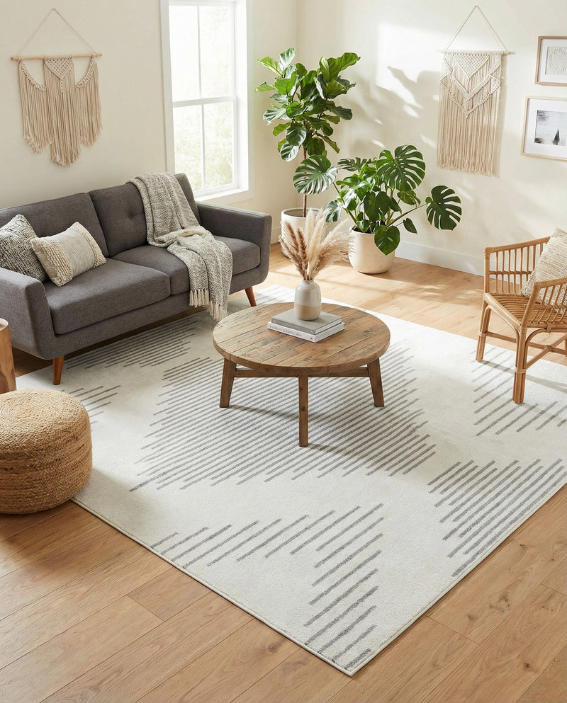 Seychelles Stripes Collection Area Rug - Mahe (Ivory and Gray) Rectangle Ivory and Gray  lifestyle 14