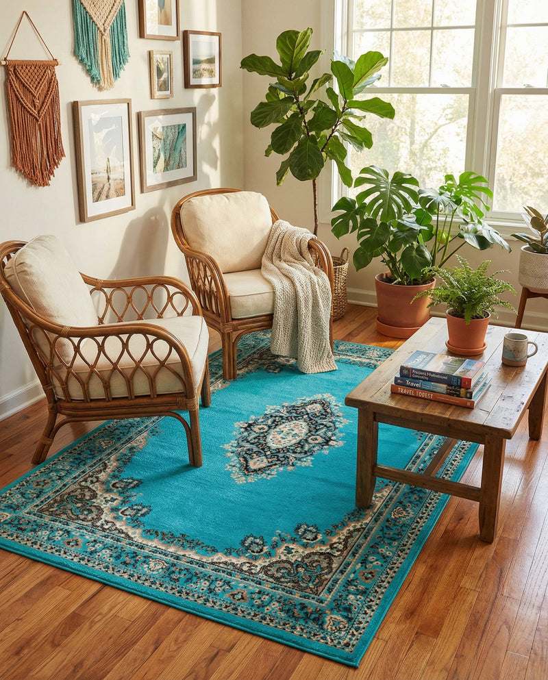 Tabriz Tapestry Collection Area Rug - Azerbaijan (Turquoise) Rectangle Turquoise  lifestyle 13