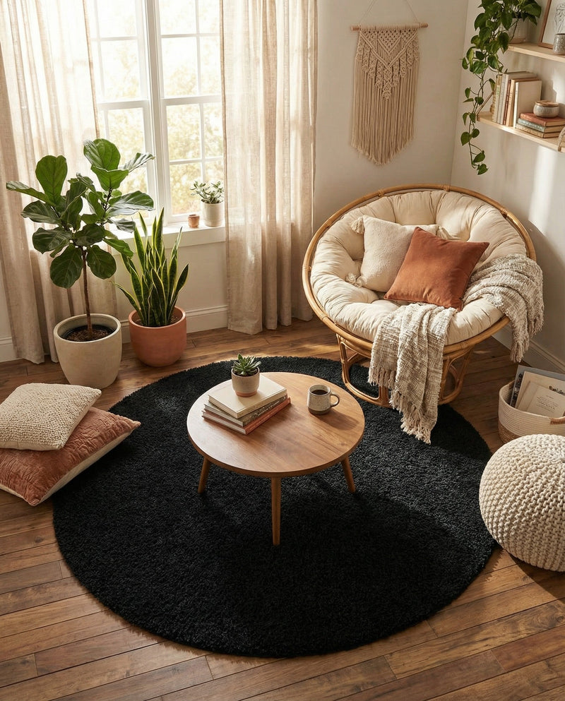 Plush Oasis Collection Area Rug - Serenity (Jet Black) Round Jet Black  lifestyle 77