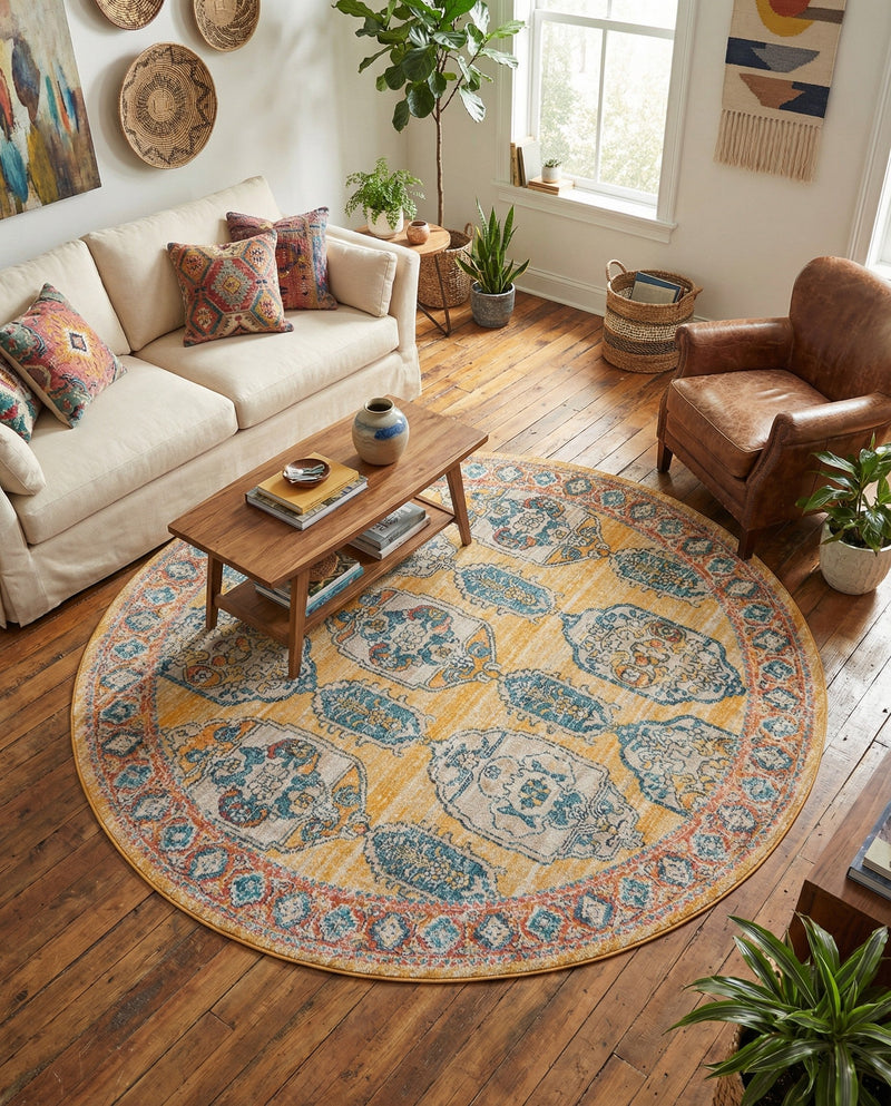 Seville Stripes Collection Area Rug -  Granada (Yellow) Round Yellow  lifestyle 54