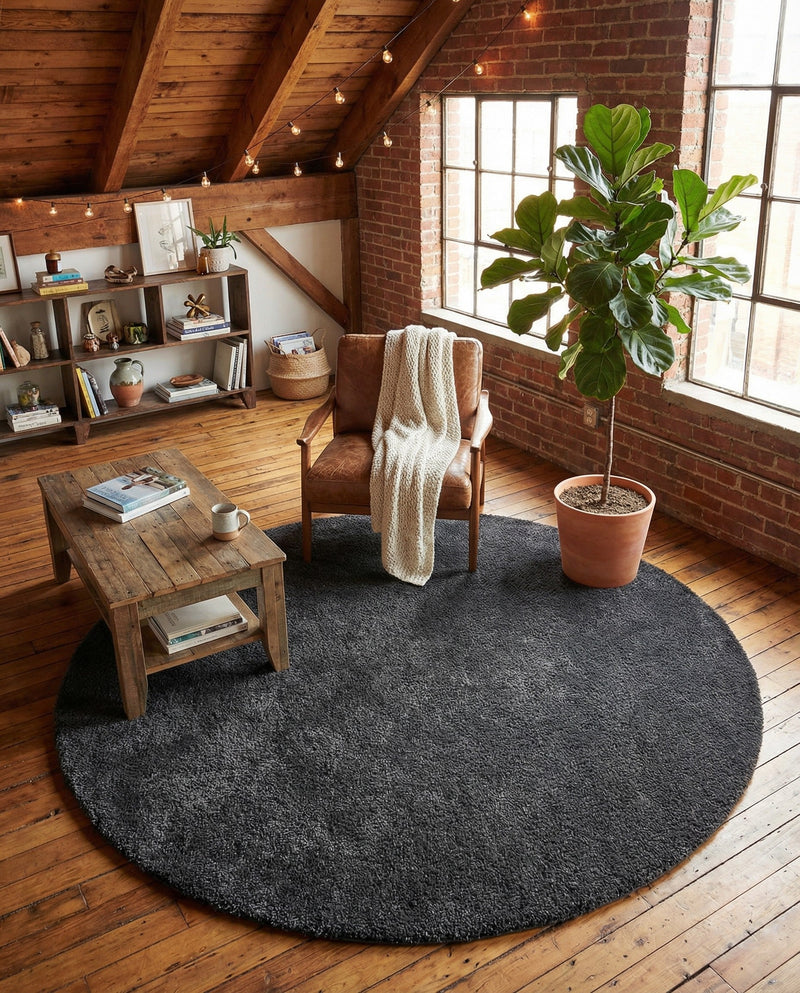 Solid Shag Seaside Collection Area Rug - Azure Cove (Charcoal) Round Charcoal  lifestyle 41