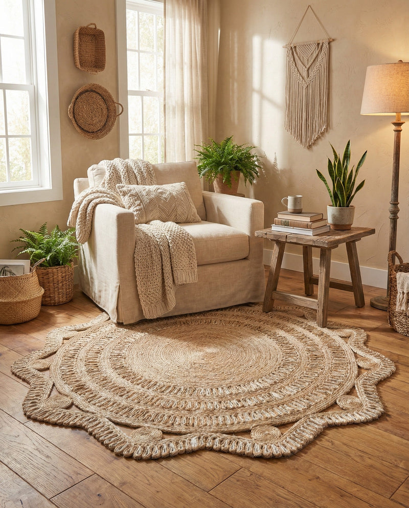 Woven Seaside Jute Collection Area Rug - Nantucket Round Natural and White  lifestyle 77