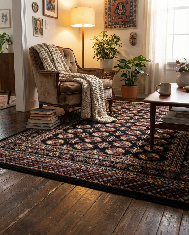 Samarkand Elegance Collection Area Rug -  Margilan (Black) Rectangle Black  lifestyle 25