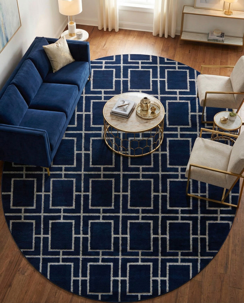 Hollywood Luxe Collection Area Rug -  Beverly (Navy Blue Silver) Oval Navy Blue Silver  lifestyle 53