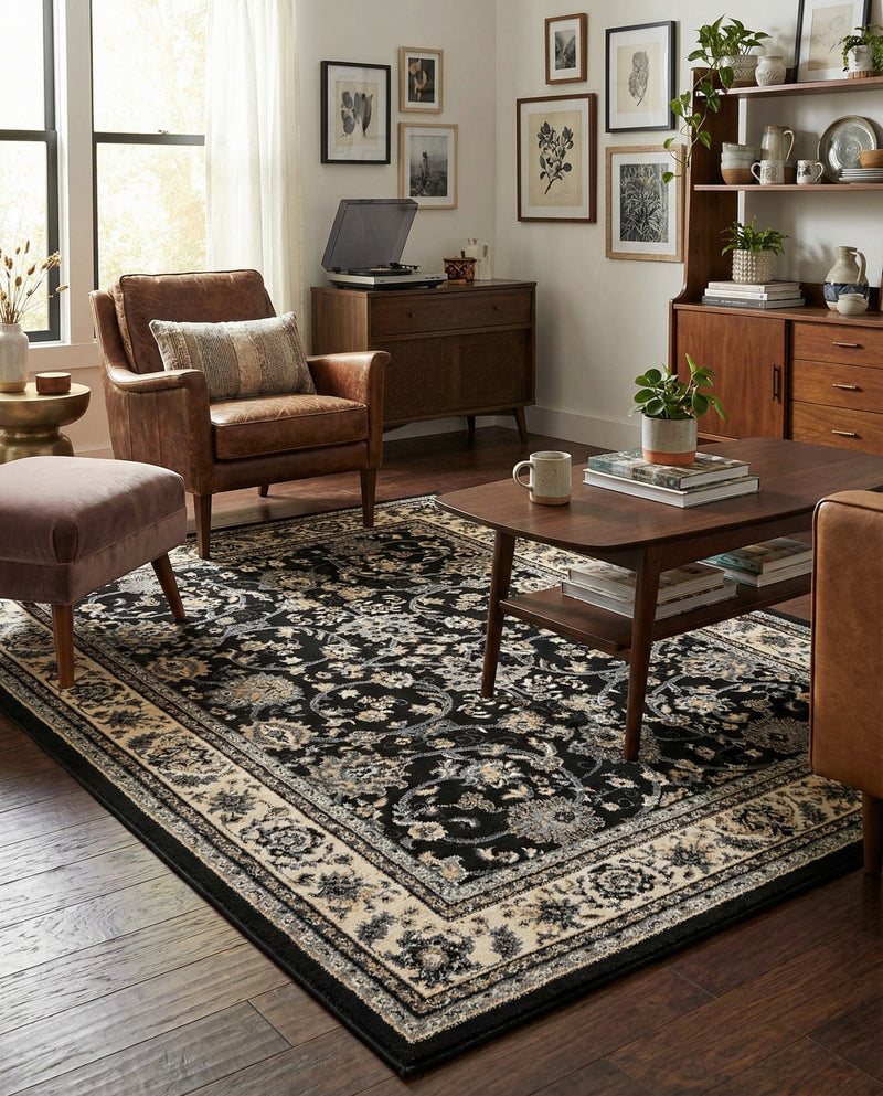 Isfahan Elegance Collection Area Rug - Naghsh-e Jahan (Black) Rectangle Black  lifestyle 45